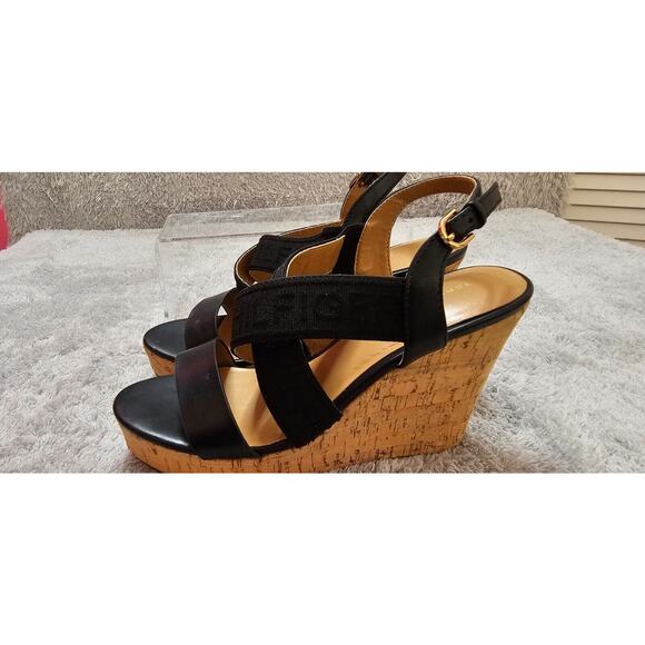 Tommy Hilfiger Sandals Womens 7.5M Keiko Black Subtle Logo‎ Strappy Woven Wedges - Picture 4 of 7